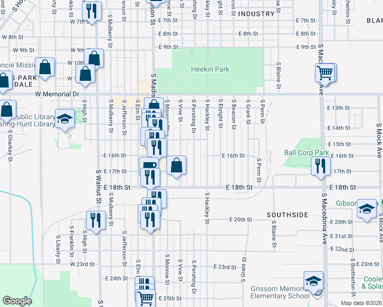 map of restaurants, bars, coffee shops, grocery stores, and more near 2215 South Pershing Drive in Muncie