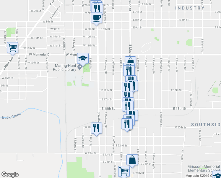 map of restaurants, bars, coffee shops, grocery stores, and more near 226 East 16th Street in Muncie