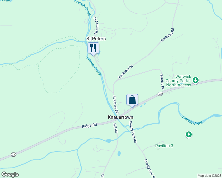 map of restaurants, bars, coffee shops, grocery stores, and more near 3331 Saint Peters Road in Elverson