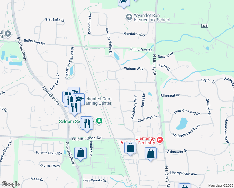 map of restaurants, bars, coffee shops, grocery stores, and more near 797 Village Park Dr in Powell