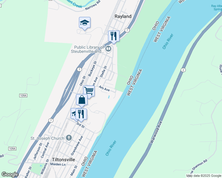 map of restaurants, bars, coffee shops, grocery stores, and more near 204 Arn Avenue in Tiltonsville