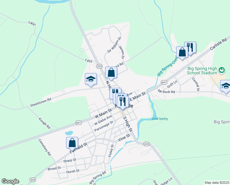 map of restaurants, bars, coffee shops, grocery stores, and more near 25 N High St in Newville