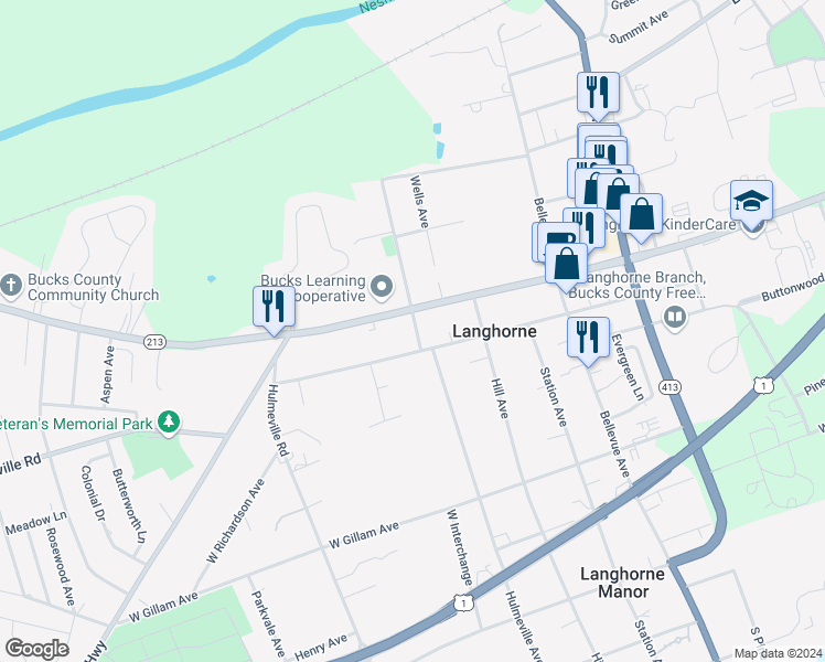 map of restaurants, bars, coffee shops, grocery stores, and more near 118 South Green Street in Langhorne