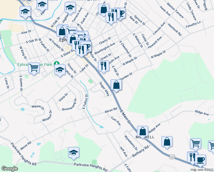 map of restaurants, bars, coffee shops, grocery stores, and more near 327 East Main Street in Ephrata