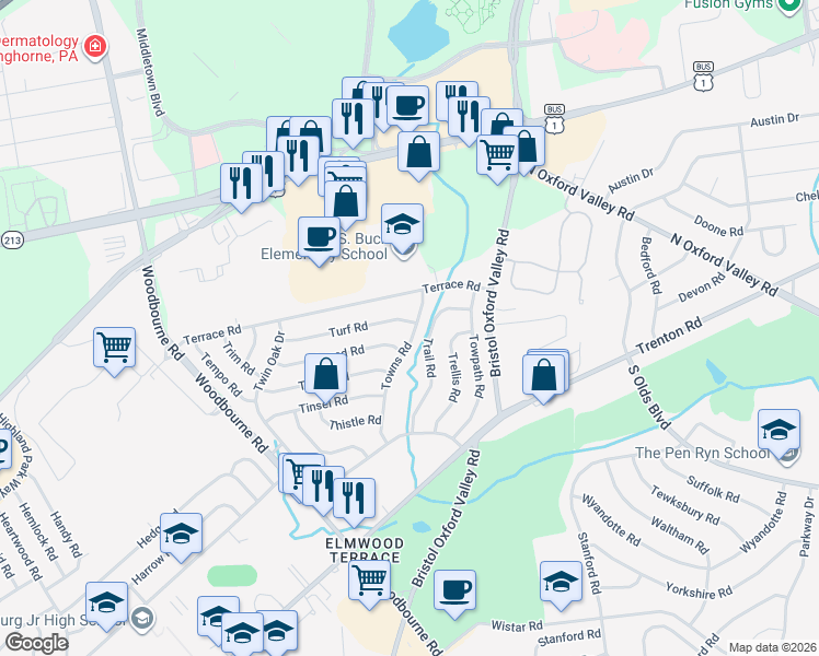 map of restaurants, bars, coffee shops, grocery stores, and more near 67 Towns Road in Levittown