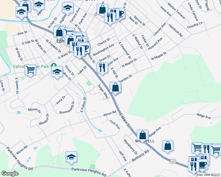 map of restaurants, bars, coffee shops, grocery stores, and more near 400 East Main Street in Ephrata