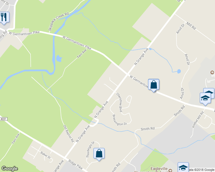 map of restaurants, bars, coffee shops, grocery stores, and more near Cherry Tree Boulevard North in Collegeville