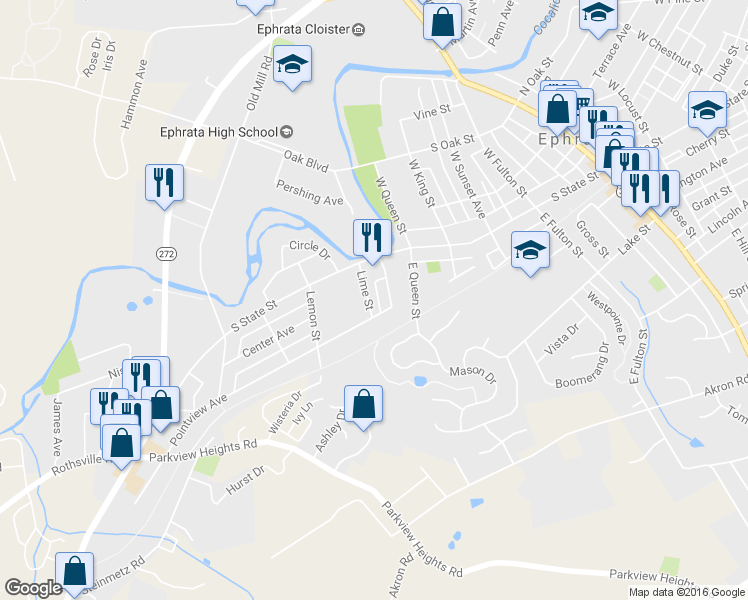 map of restaurants, bars, coffee shops, grocery stores, and more near 34 Lime Street in Ephrata