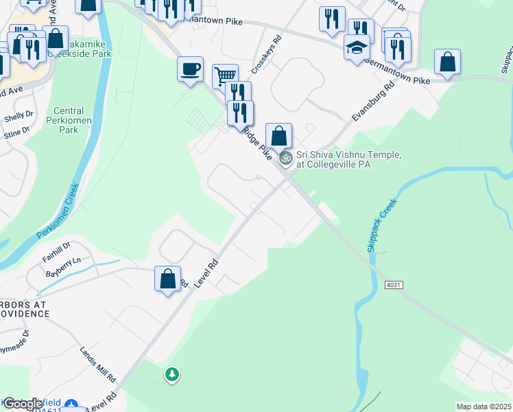 map of restaurants, bars, coffee shops, grocery stores, and more near 3 Level Road in Collegeville