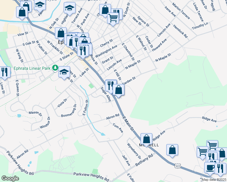 map of restaurants, bars, coffee shops, grocery stores, and more near 400 East Main Street in Ephrata