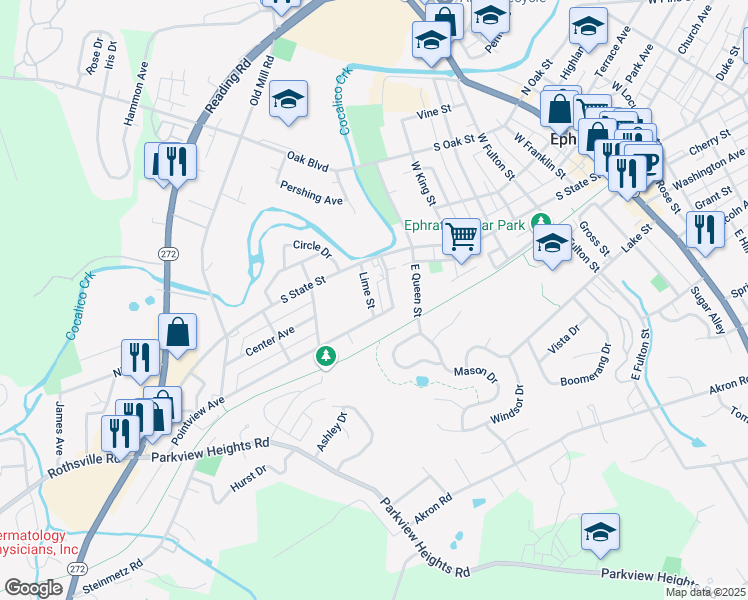 map of restaurants, bars, coffee shops, grocery stores, and more near 34 Lime Street in Ephrata