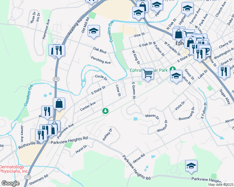 map of restaurants, bars, coffee shops, grocery stores, and more near 29 Lime St in Ephrata