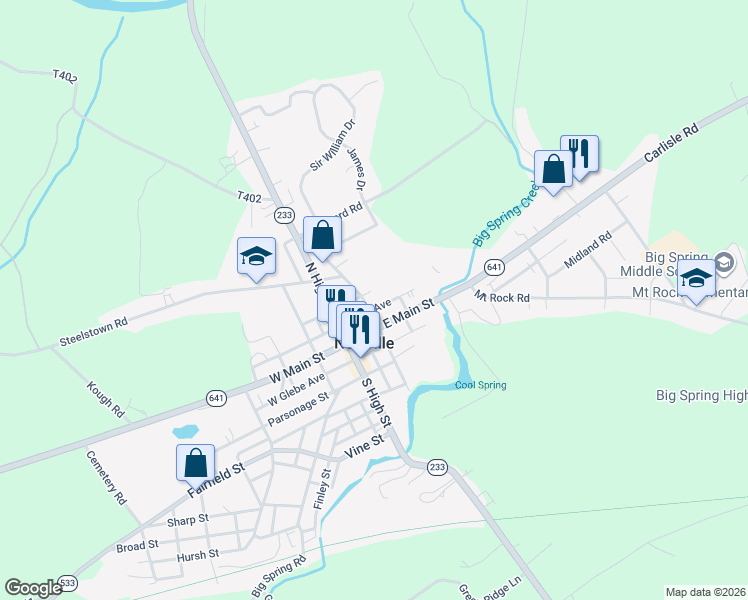 map of restaurants, bars, coffee shops, grocery stores, and more near 14 North Corporation Street in Newville