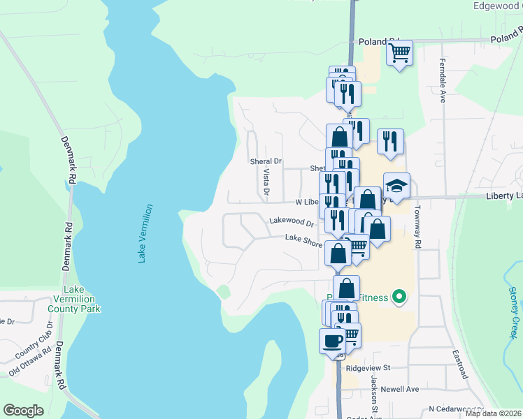 map of restaurants, bars, coffee shops, grocery stores, and more near 7-15 Highland Shore Drive in Danville