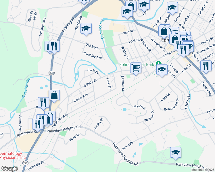 map of restaurants, bars, coffee shops, grocery stores, and more near 29 Lime St in Ephrata