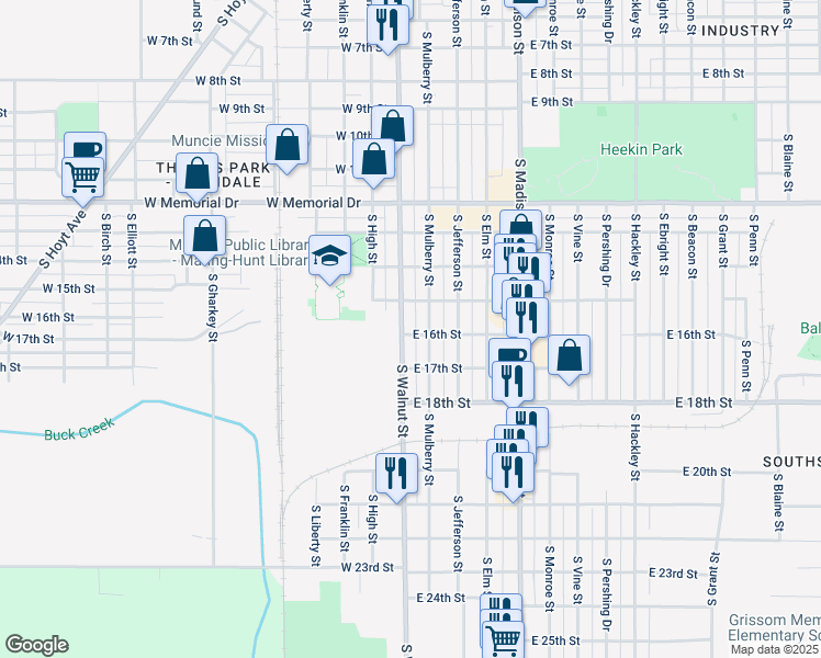 map of restaurants, bars, coffee shops, grocery stores, and more near 2226 South Walnut Street in Muncie