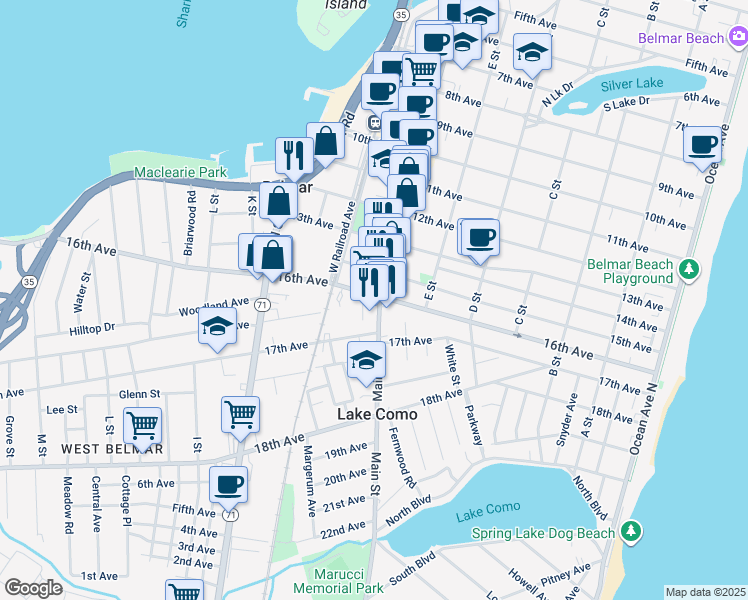map of restaurants, bars, coffee shops, grocery stores, and more near 705 16th Avenue in Lake Como