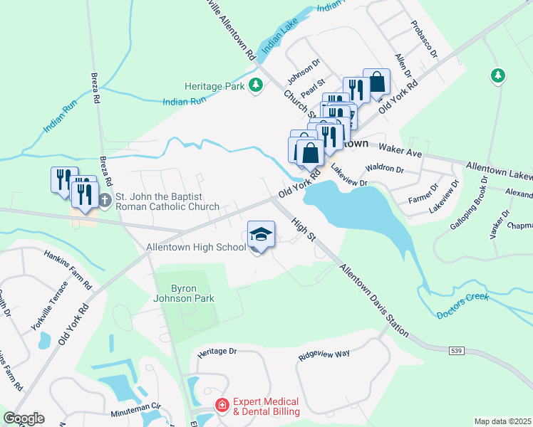 map of restaurants, bars, coffee shops, grocery stores, and more near 95 South Main Street in Allentown