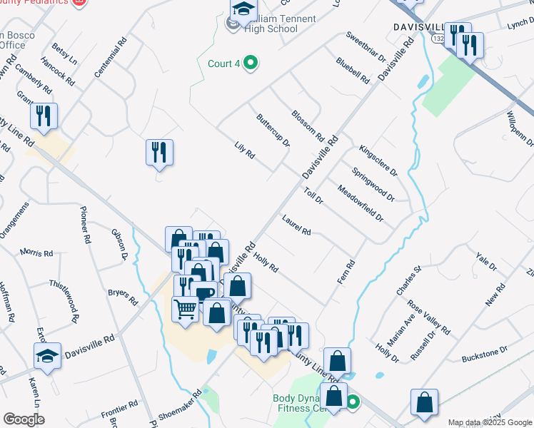 map of restaurants, bars, coffee shops, grocery stores, and more near 170 Davisville Road in Warminster