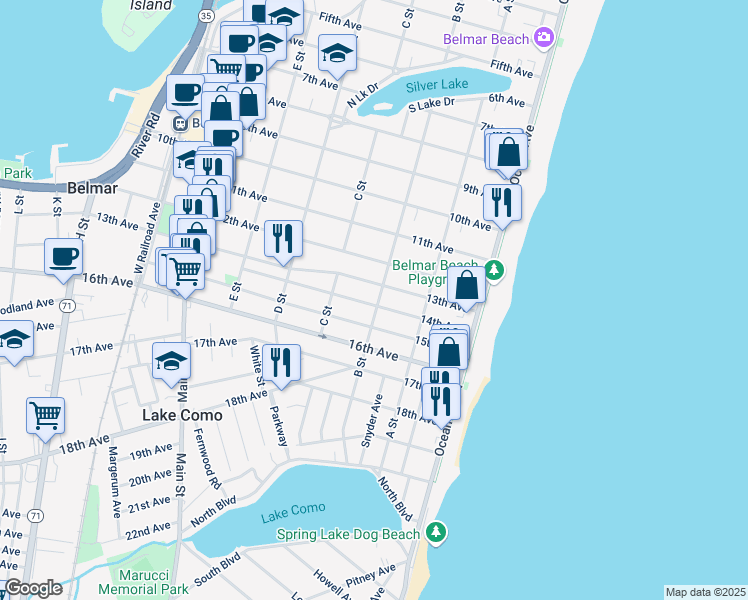 map of restaurants, bars, coffee shops, grocery stores, and more near 1307 B St in Belmar