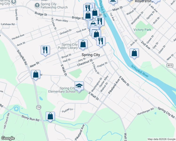 map of restaurants, bars, coffee shops, grocery stores, and more near 200 Poplar Street in Spring City