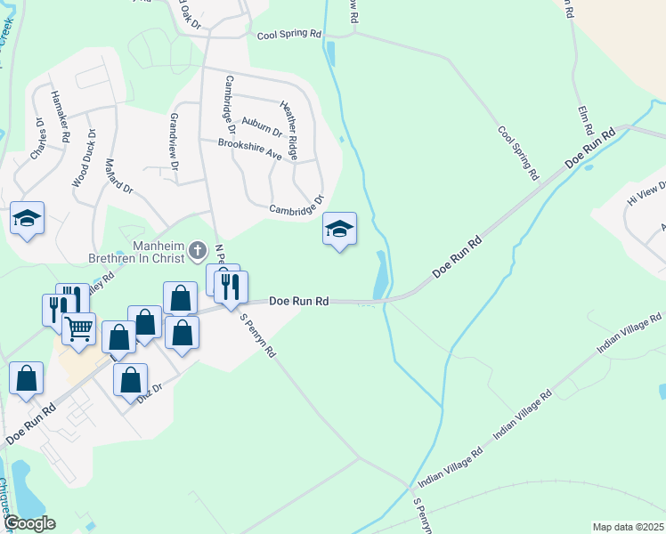 map of restaurants, bars, coffee shops, grocery stores, and more near 281 Doe Run Road in Manheim