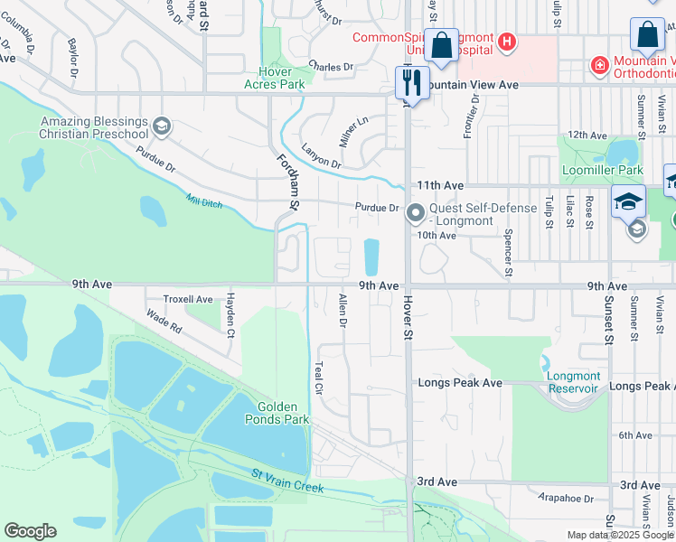 map of restaurants, bars, coffee shops, grocery stores, and more near 2424 Hover Street in Longmont
