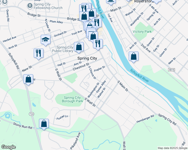 map of restaurants, bars, coffee shops, grocery stores, and more near 221 South Church Street in Spring City