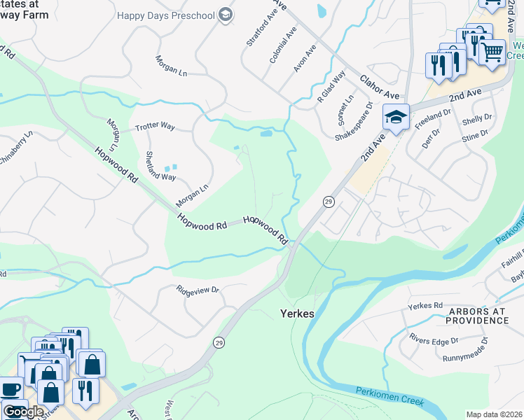 map of restaurants, bars, coffee shops, grocery stores, and more near 40 Donny Brook Way in Collegeville