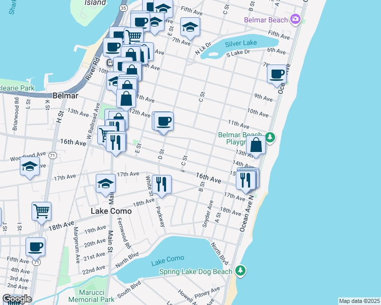 map of restaurants, bars, coffee shops, grocery stores, and more near 319 14th Avenue in Belmar