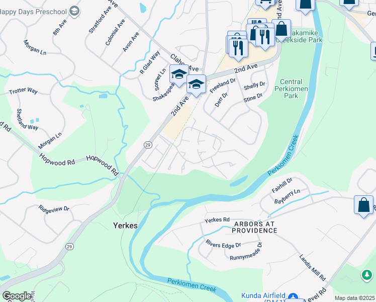 map of restaurants, bars, coffee shops, grocery stores, and more near 114 Mulberry Court in Collegeville