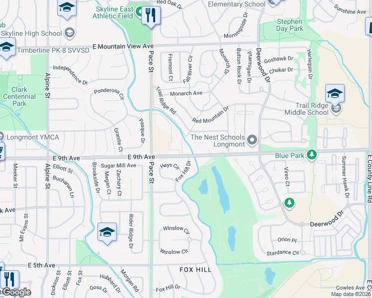 map of restaurants, bars, coffee shops, grocery stores, and more near 12027 Saint Vrain Road in Longmont