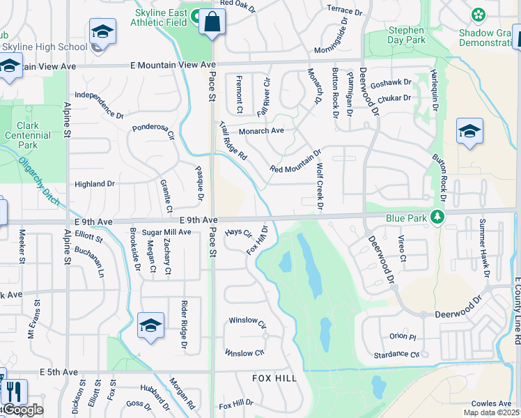 map of restaurants, bars, coffee shops, grocery stores, and more near 12027 Saint Vrain Road in Longmont