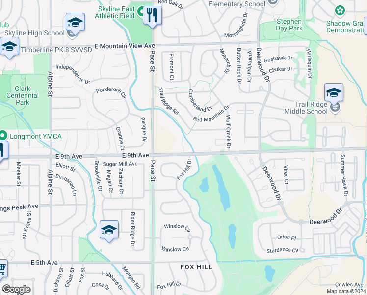 map of restaurants, bars, coffee shops, grocery stores, and more near 12027 Saint Vrain Road in Longmont