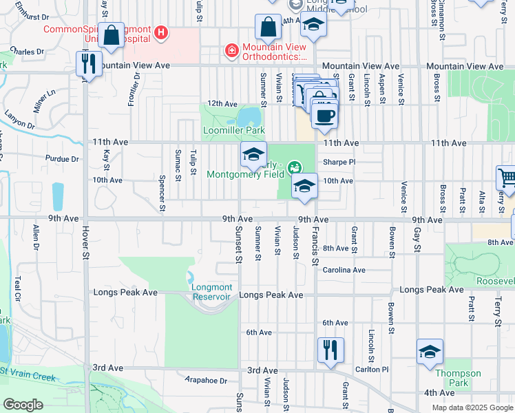 map of restaurants, bars, coffee shops, grocery stores, and more near 1611 Warren Avenue in Longmont