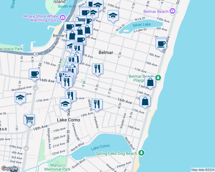 map of restaurants, bars, coffee shops, grocery stores, and more near 408 15th Avenue in Belmar