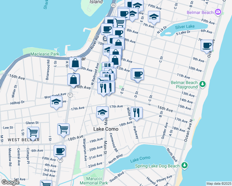 map of restaurants, bars, coffee shops, grocery stores, and more near 612 16th Avenue in Belmar