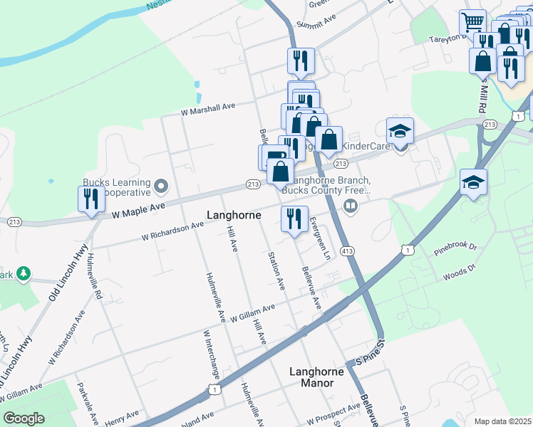 map of restaurants, bars, coffee shops, grocery stores, and more near 118 West Richardson Avenue in Langhorne