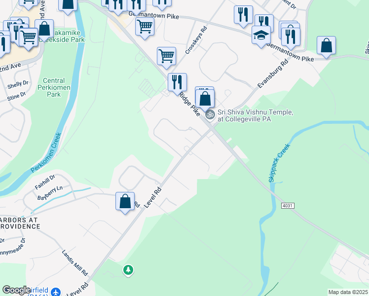 map of restaurants, bars, coffee shops, grocery stores, and more near 3 Level Road in Collegeville