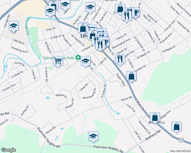 map of restaurants, bars, coffee shops, grocery stores, and more near 52 Westpointe Drive in Ephrata