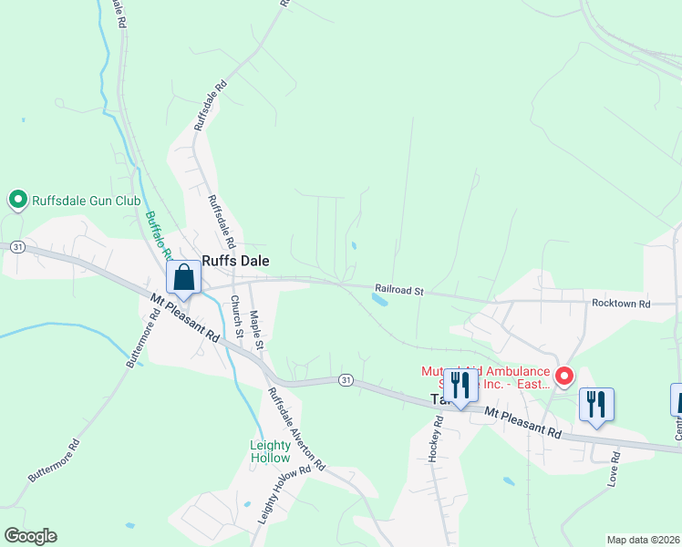 map of restaurants, bars, coffee shops, grocery stores, and more near 106 Valley Hi Lane in Ruffs Dale