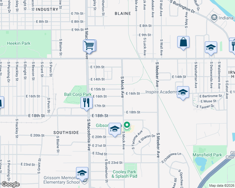 map of restaurants, bars, coffee shops, grocery stores, and more near 2010 East 16th Street in Muncie
