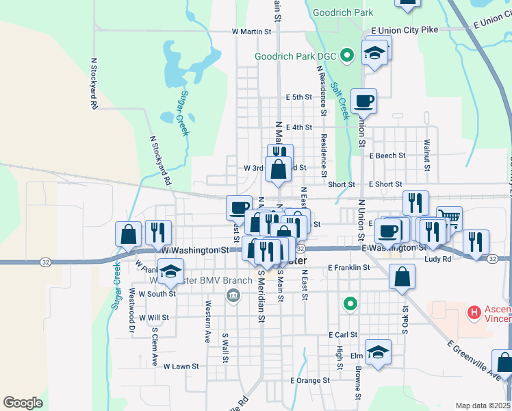 map of restaurants, bars, coffee shops, grocery stores, and more near 301 North Meridian Street in Winchester