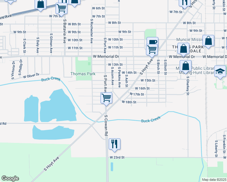 map of restaurants, bars, coffee shops, grocery stores, and more near 1517 West 16th Street in Muncie