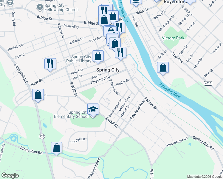 map of restaurants, bars, coffee shops, grocery stores, and more near 200 Poplar Street in Spring City