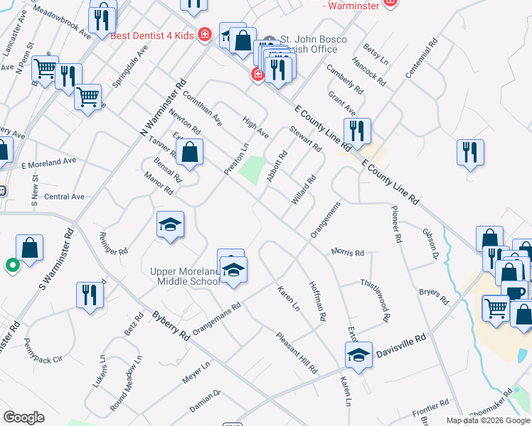 map of restaurants, bars, coffee shops, grocery stores, and more near 604 Exton Road in Hatboro