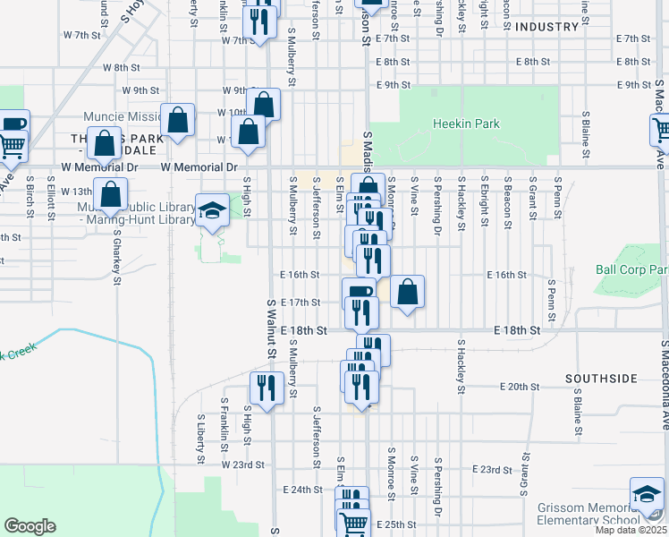 map of restaurants, bars, coffee shops, grocery stores, and more near 2221 South Elm Street in Muncie