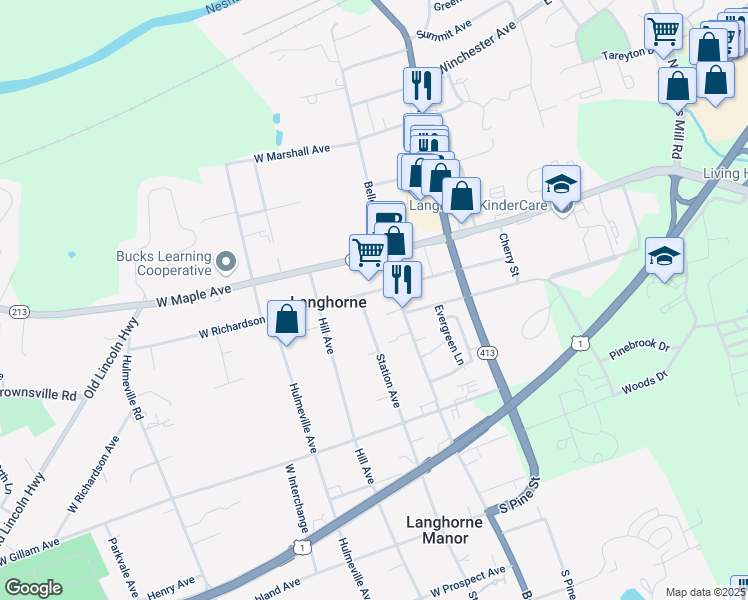 map of restaurants, bars, coffee shops, grocery stores, and more near 118 West Richardson Avenue in Langhorne