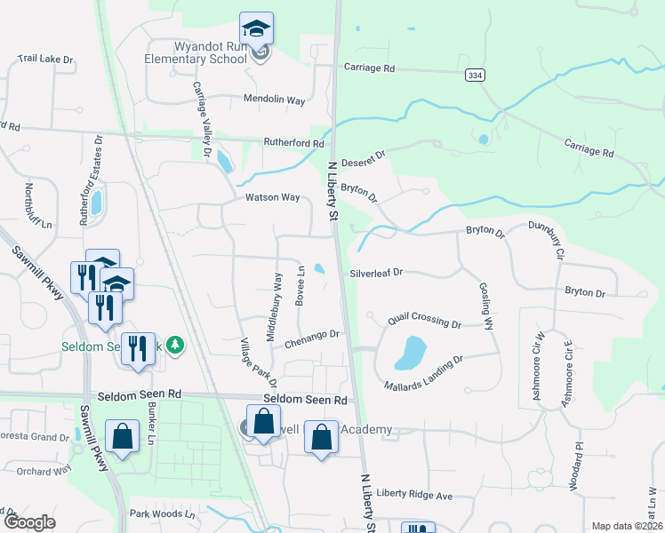 map of restaurants, bars, coffee shops, grocery stores, and more near 8618 Liberty Road North in Powell