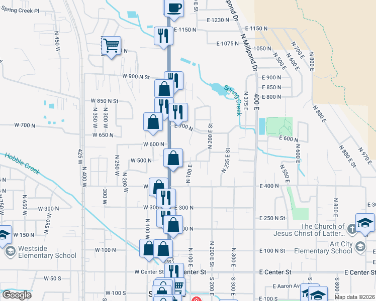 map of restaurants, bars, coffee shops, grocery stores, and more near 573 North 100 West in Springville